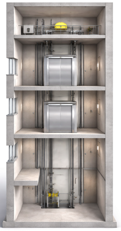 Innenansicht eines Aufzugsmaschinenschachts mit mechanischer Aufzugsausrüstung, Zugseilen und Steuerungskomponenten