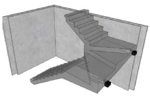 Grafik eines Treppensystems mit zwei Wendestufen und Geländern in einem Raum
