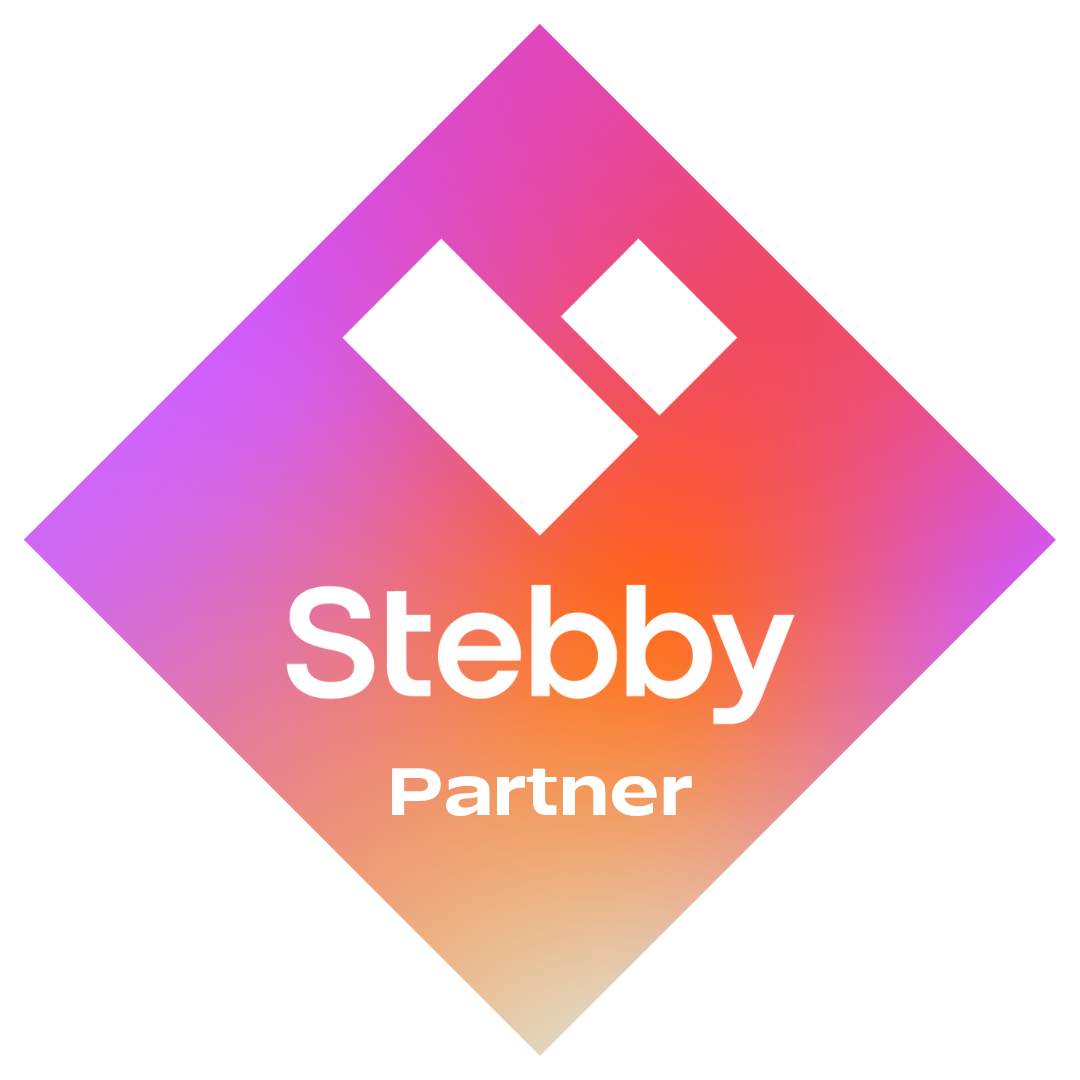 Colorful gradient background with white stylized checkmark and the text "Stebby Partner".