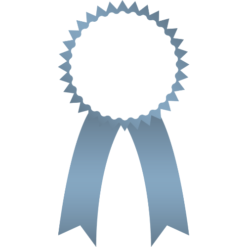 A blue ribbon award with a circular rosette and two hanging ribbons