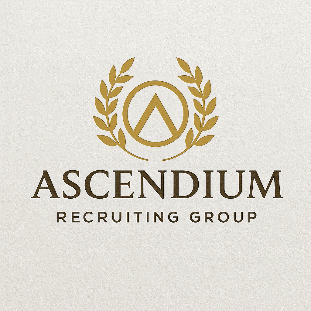Logo for Ascendium Recruiting Group with gold laurel branches surrounding a stylized letter A inside a circle.