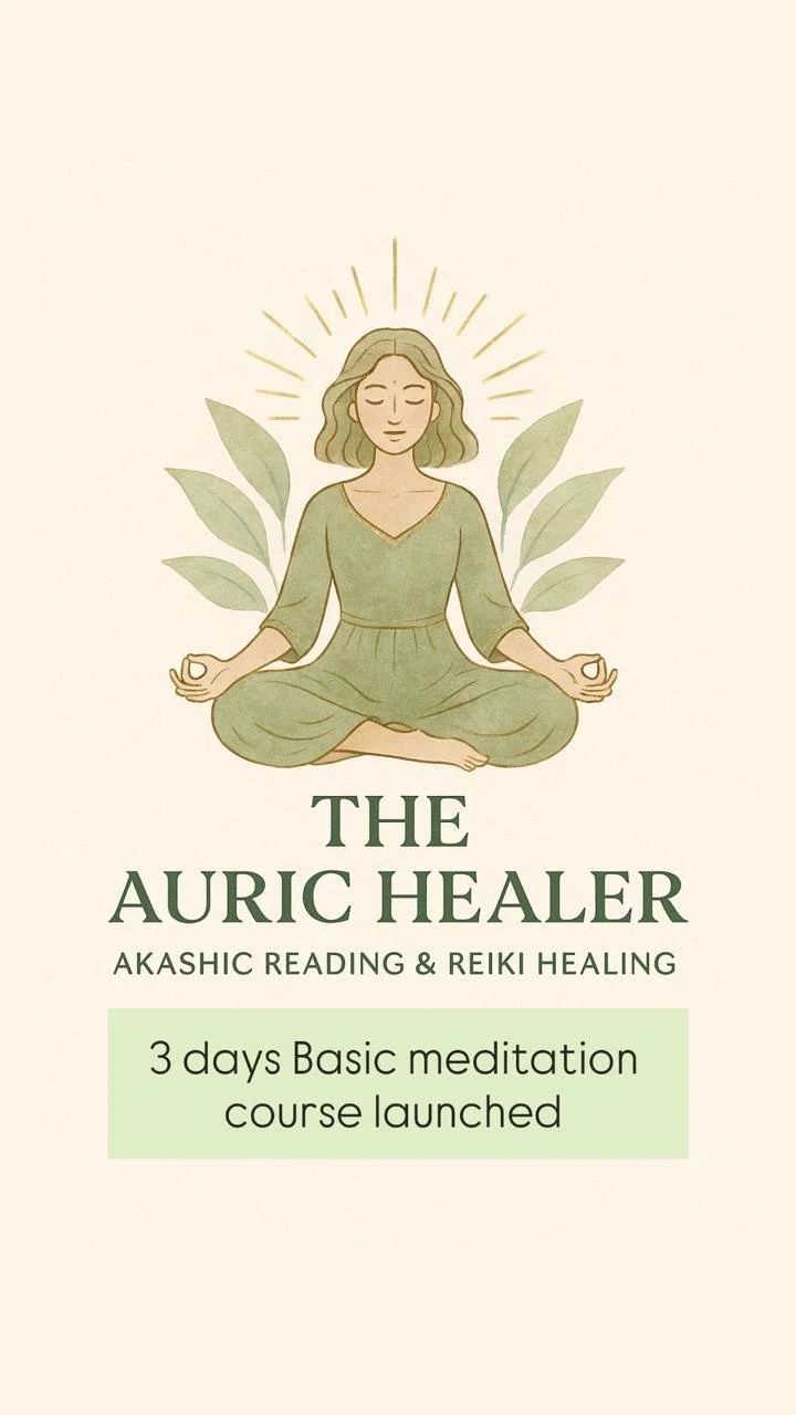 A digital illustration of a woman in a meditative sitting pose with closed eyes, surrounded by green leaves and glowing lines above her head, promoting a meditation course titled "The Auric Healer: Akashic Reading & Reiki Healing" with a note about a 3-day basic meditation course.