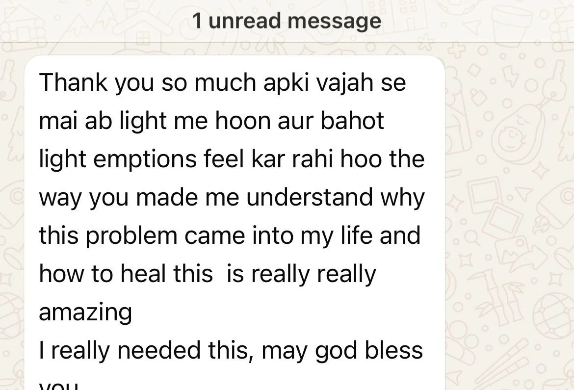 Screenshot of a messaging app displaying an unread message in Hindi, thanking someone and expressing gratitude for understanding and healing guidance.