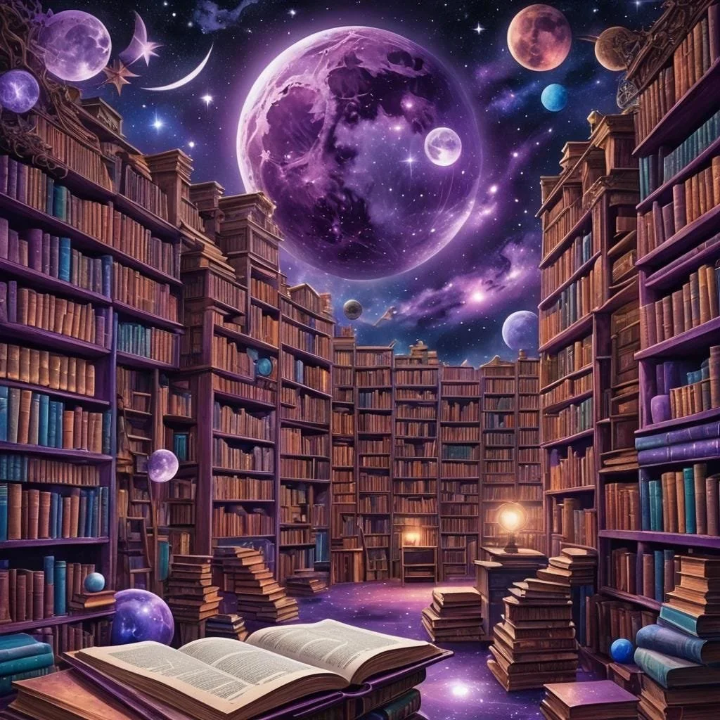 A fantastical library with towering wooden bookshelves filled with books, some stacked on the floor. The library is set in space with a large purple planet and smaller planets and moons visible in the starry sky above, along with bright stars and cosmic clouds.
