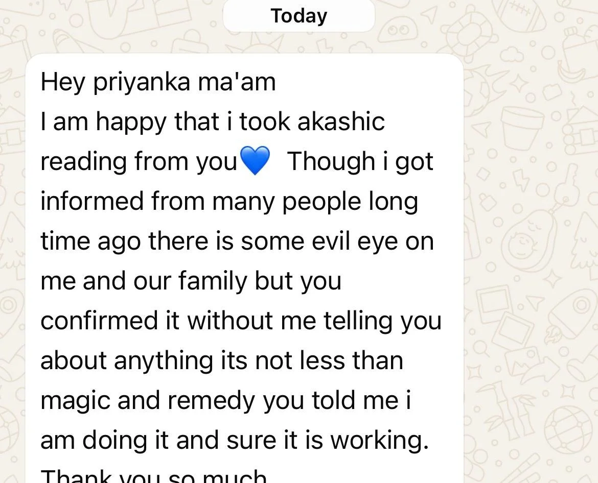 Screenshot of a WhatsApp message expressing happiness about taking an akashic reading and gratitude for the information received.