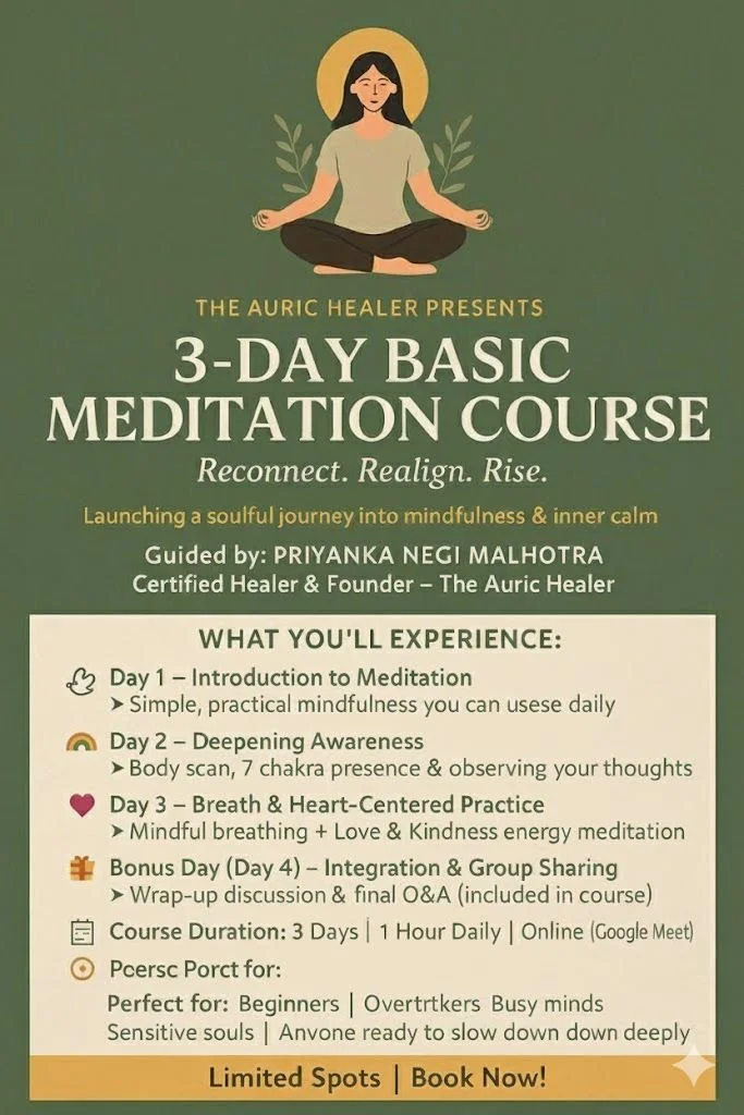A promotional poster for a 3-day basic meditation course led by Priyanka Negi Malhotra, featuring an illustration of a woman meditating with a halo, against a green background.
