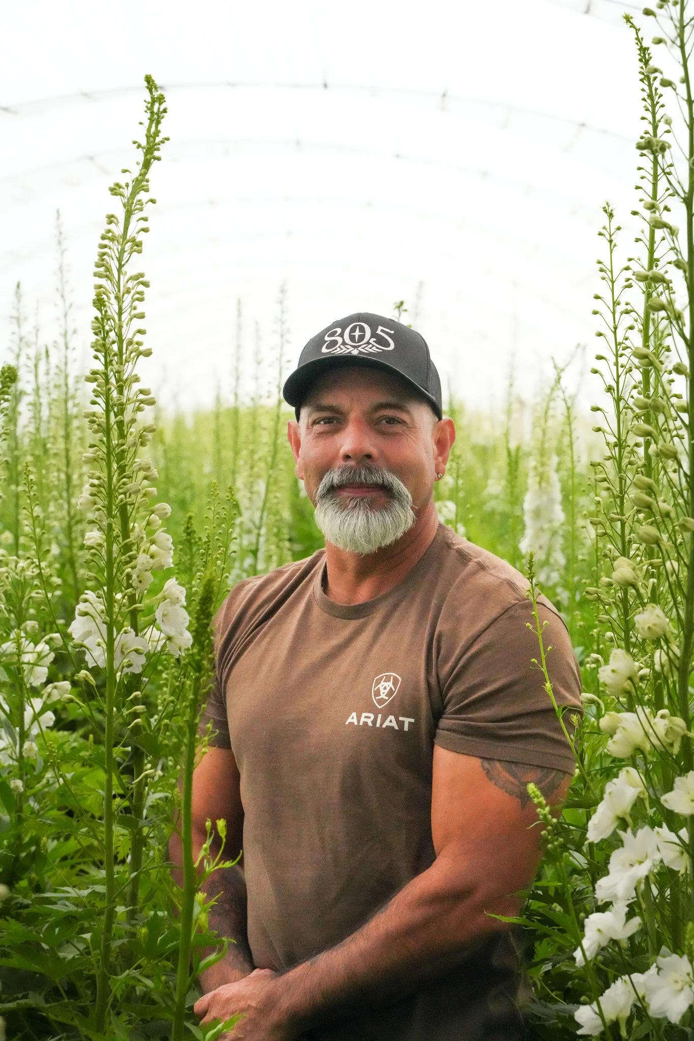 A man with a beard and tattoos wearing a brown ARIAT t-shirt and a black hat stands in a field of tall, flowering green plants under an overcast sky.