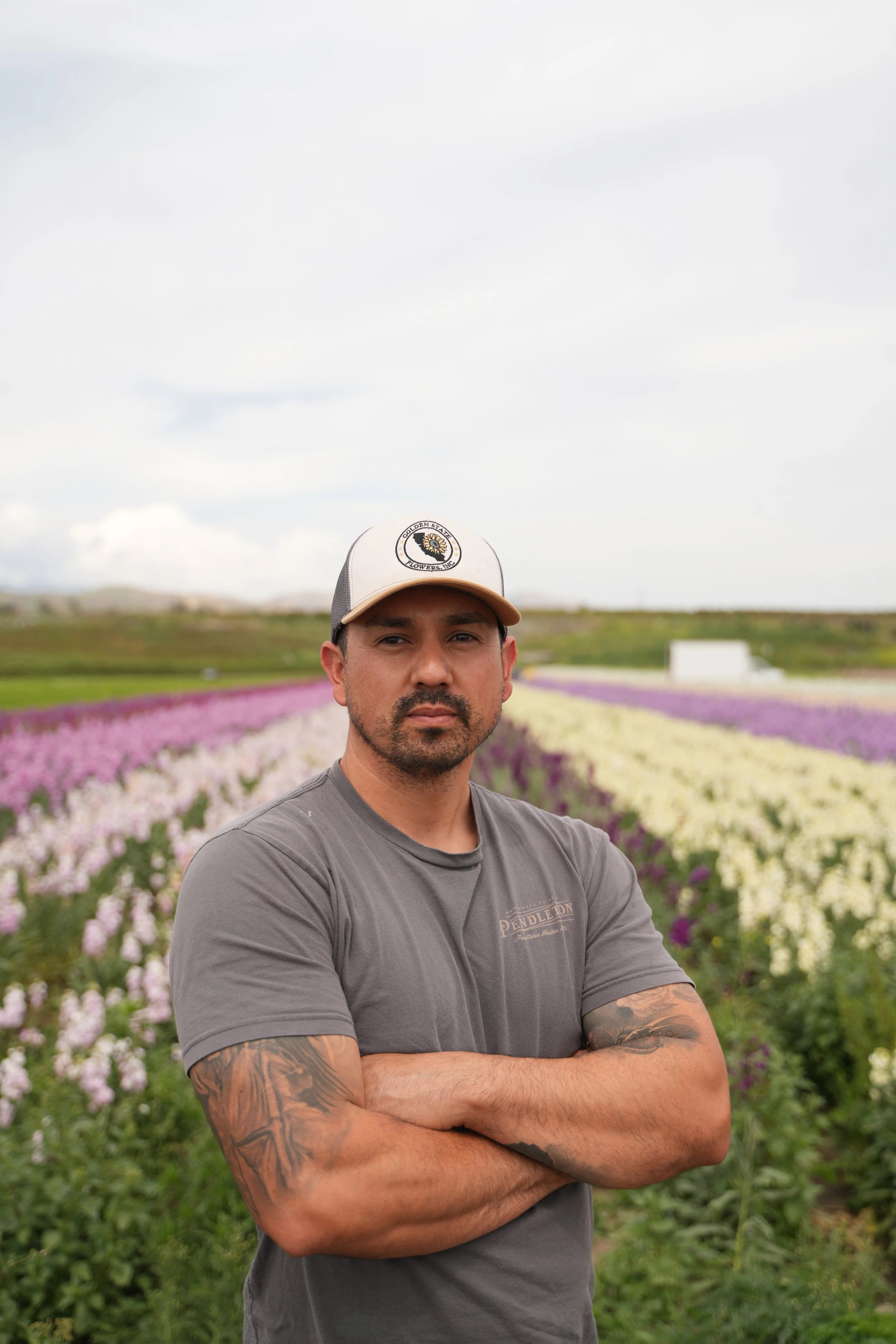 A young man with a beard and tattoos on his arms, wearing a gray t-shirt and a beige cap with a flower logo, standing with arms crossed in a colorful flower field under a cloudy sky.
