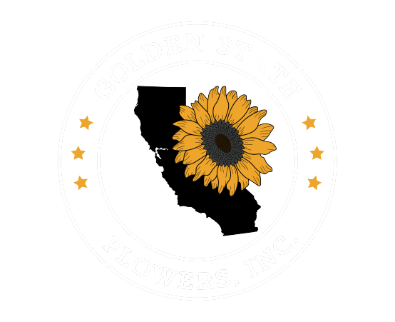 A logo featuring a black silhouette of the state of California with a sunflower overlay, surrounded by eight gold stars and the text 'Golden State Flowers, Inc.' in a circular arrangement.