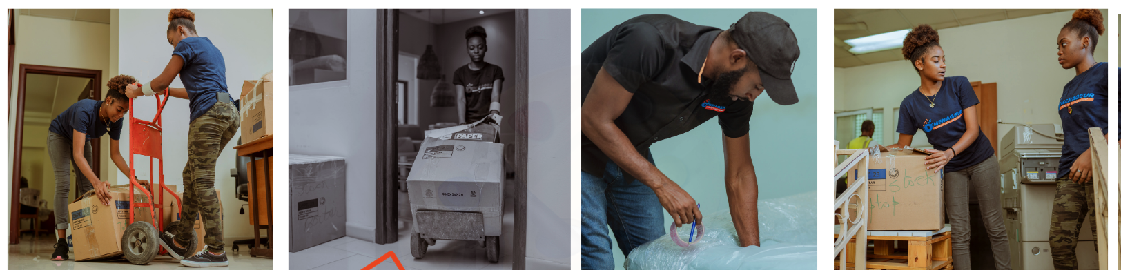 Volunteers moving and packing boxes, with some using hand carts.