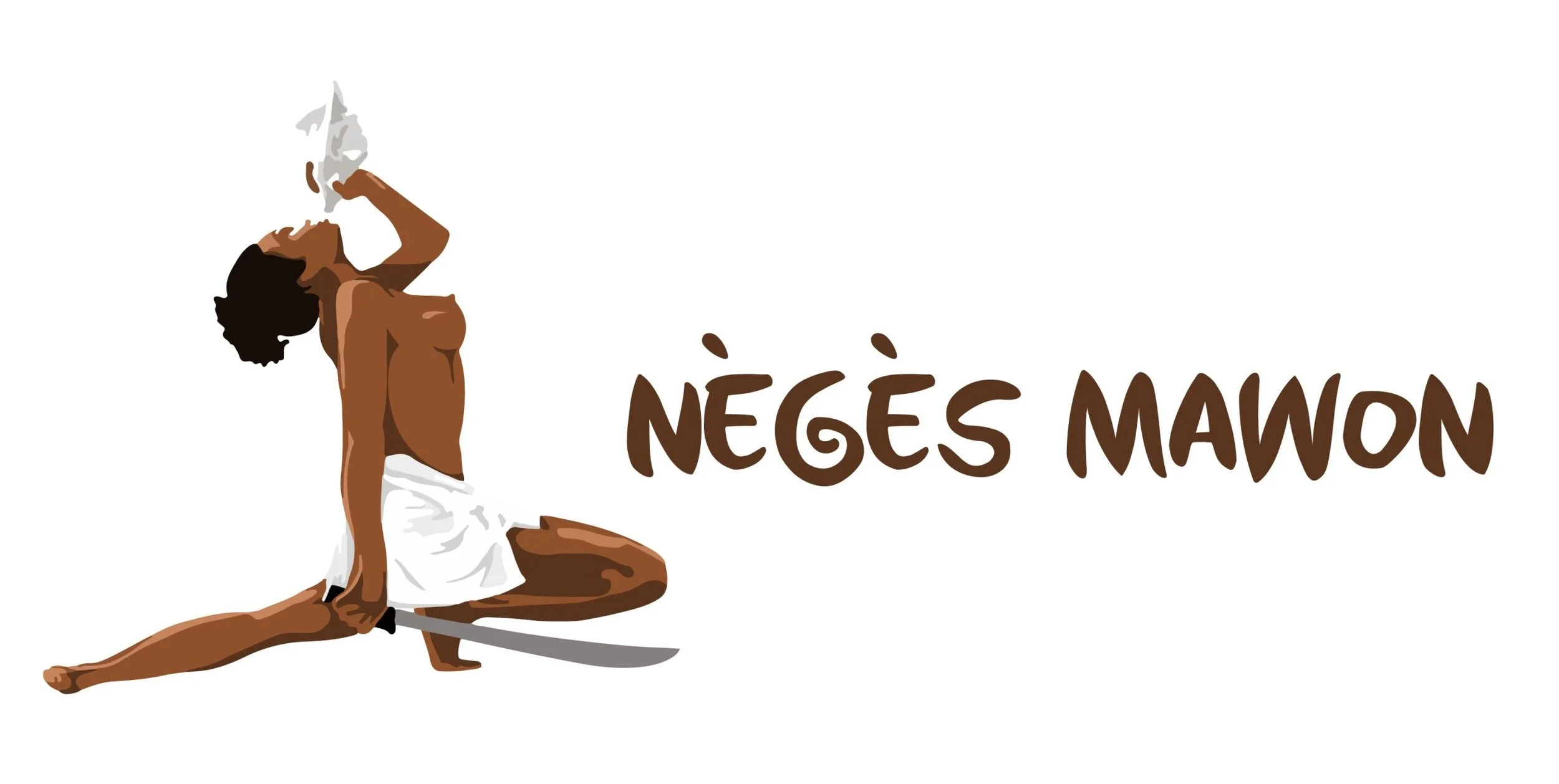 Illustration of a woman with dark curly hair, wearing a white cloth around her waist, sitting on the ground, holding a knife and a piece of paper, with the text 'NÉgès Mawon' beside her.