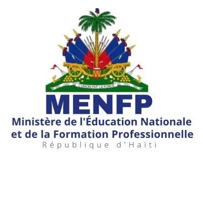 Logo of Haiti's Ministry of National Education and Vocational Training featuring a palm tree, swords, flags, and cannons with the text 'MENFP' and 'Ministère de l'Éducation Nationale et de la Formation Professionnelle, République d'Haïti'.