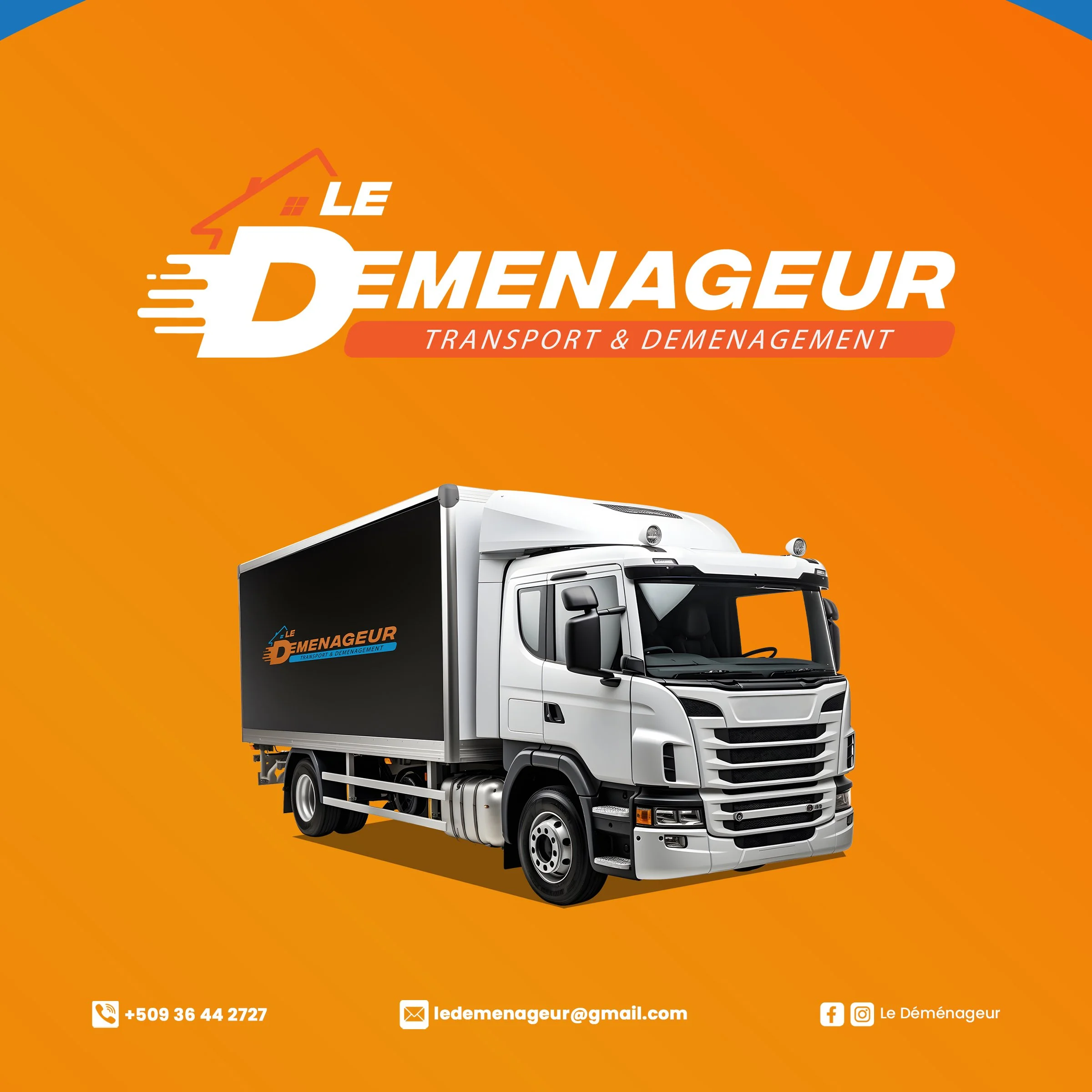 Promotional graphic for Le Demenageur, a transport and moving company, featuring a white moving truck with the company's logo and contact information on an orange background.