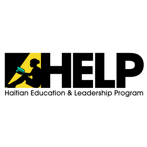 Logo with a silhouette of a person reading a book, in front of a yellow triangle, with the text "HELP" and "Haitian Education & Leadership Program".
