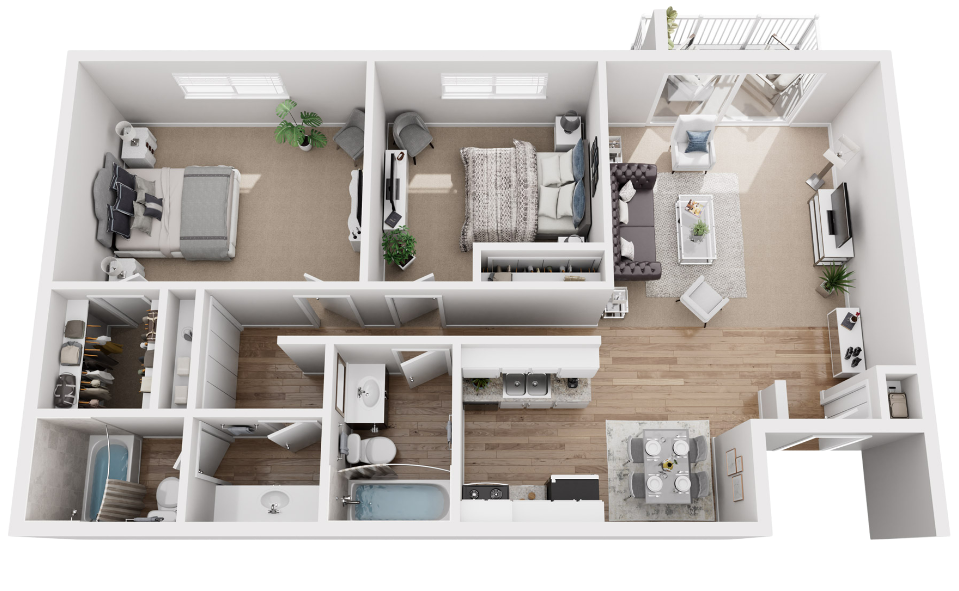 Floor plan of a modern apartment with one bedroom, a living room, a kitchen, a dining area, a bathroom, a laundry area, and a balcony.