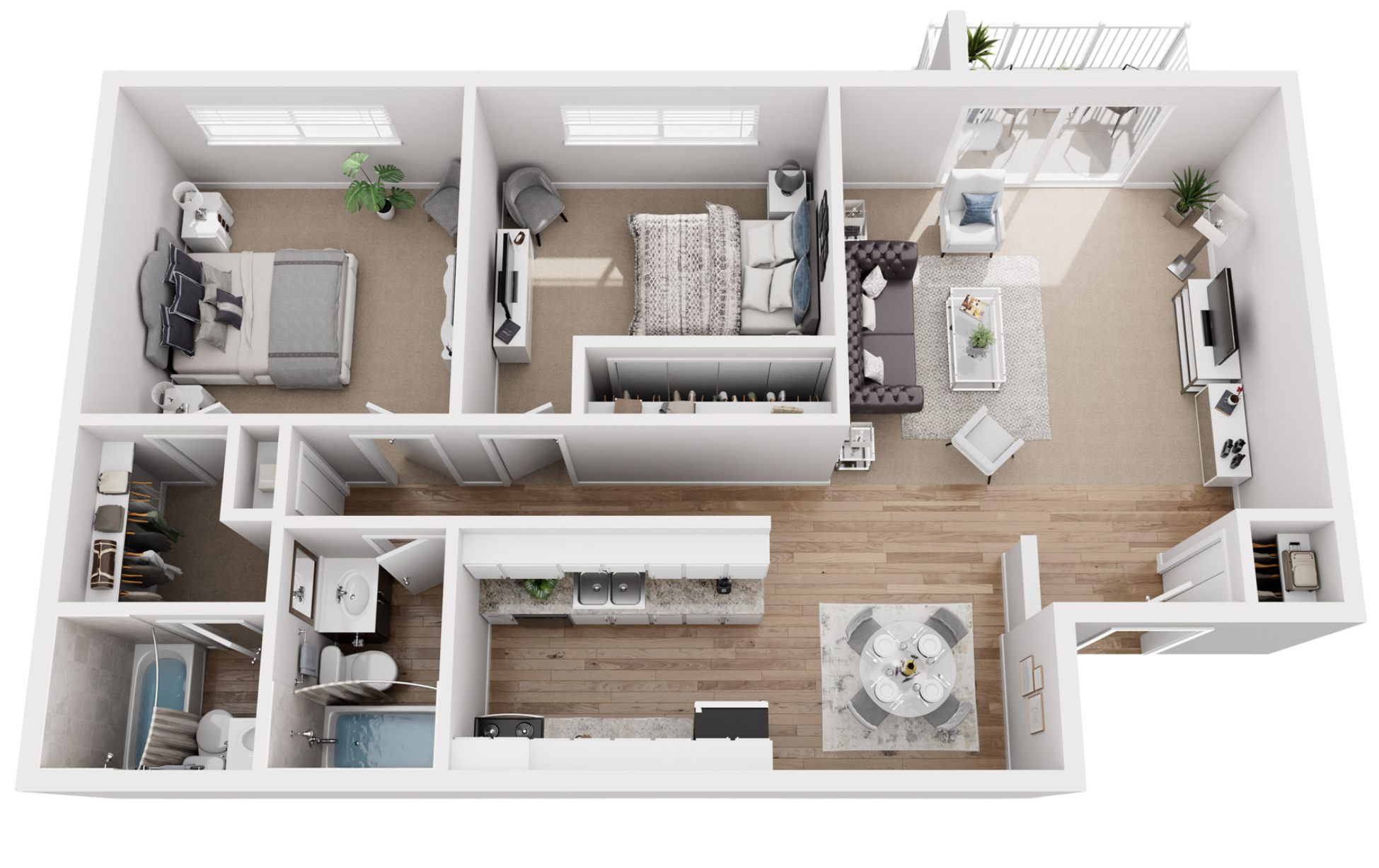 3D floor plan of a one-bedroom apartment with a living room, kitchen, dining area, bedroom, bathroom, and walk-in closet.