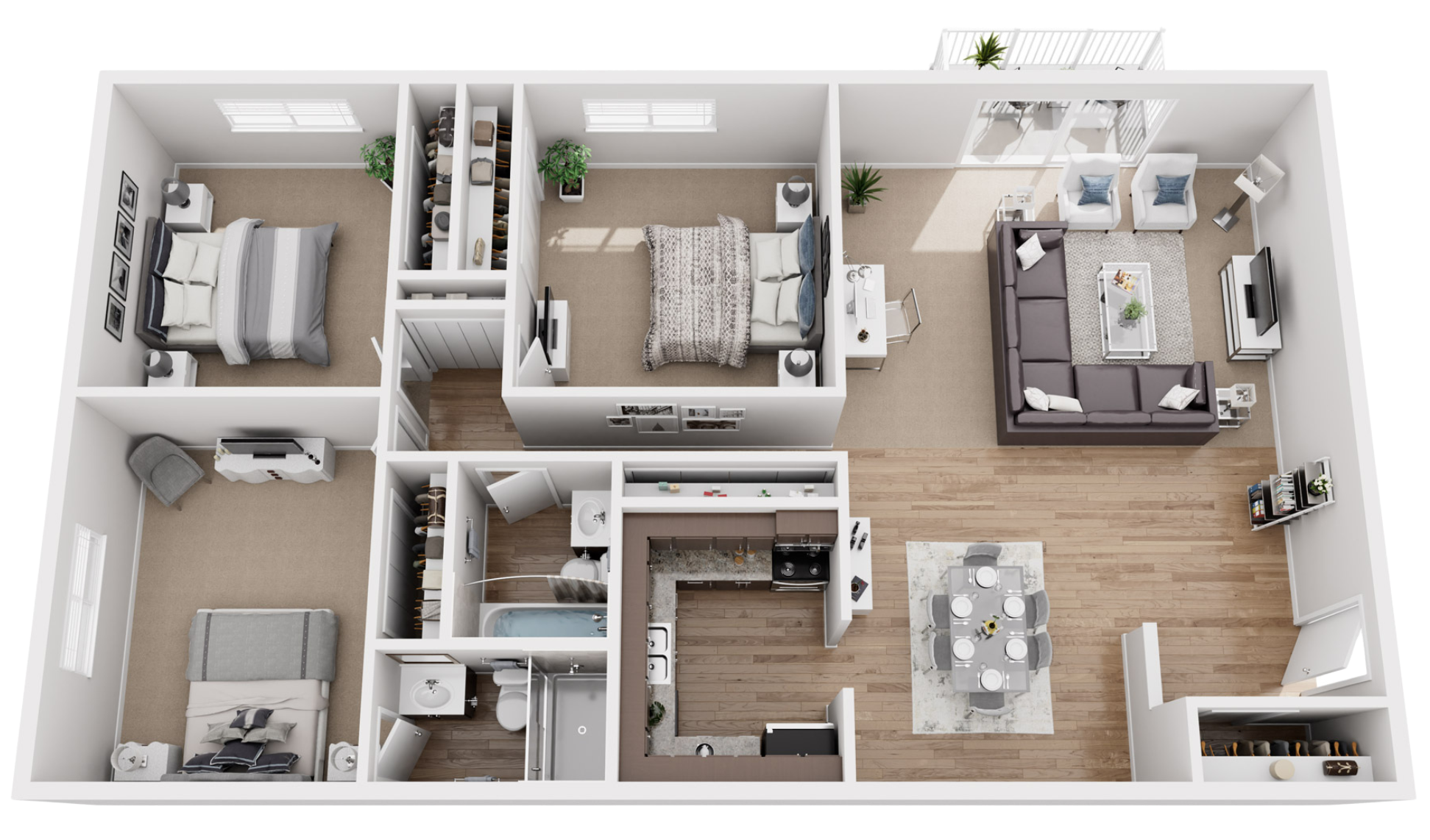 A 3D floor plan of a modern apartment with three bedrooms, two bathrooms, a living room, dining area, kitchen, and outdoor balcony.