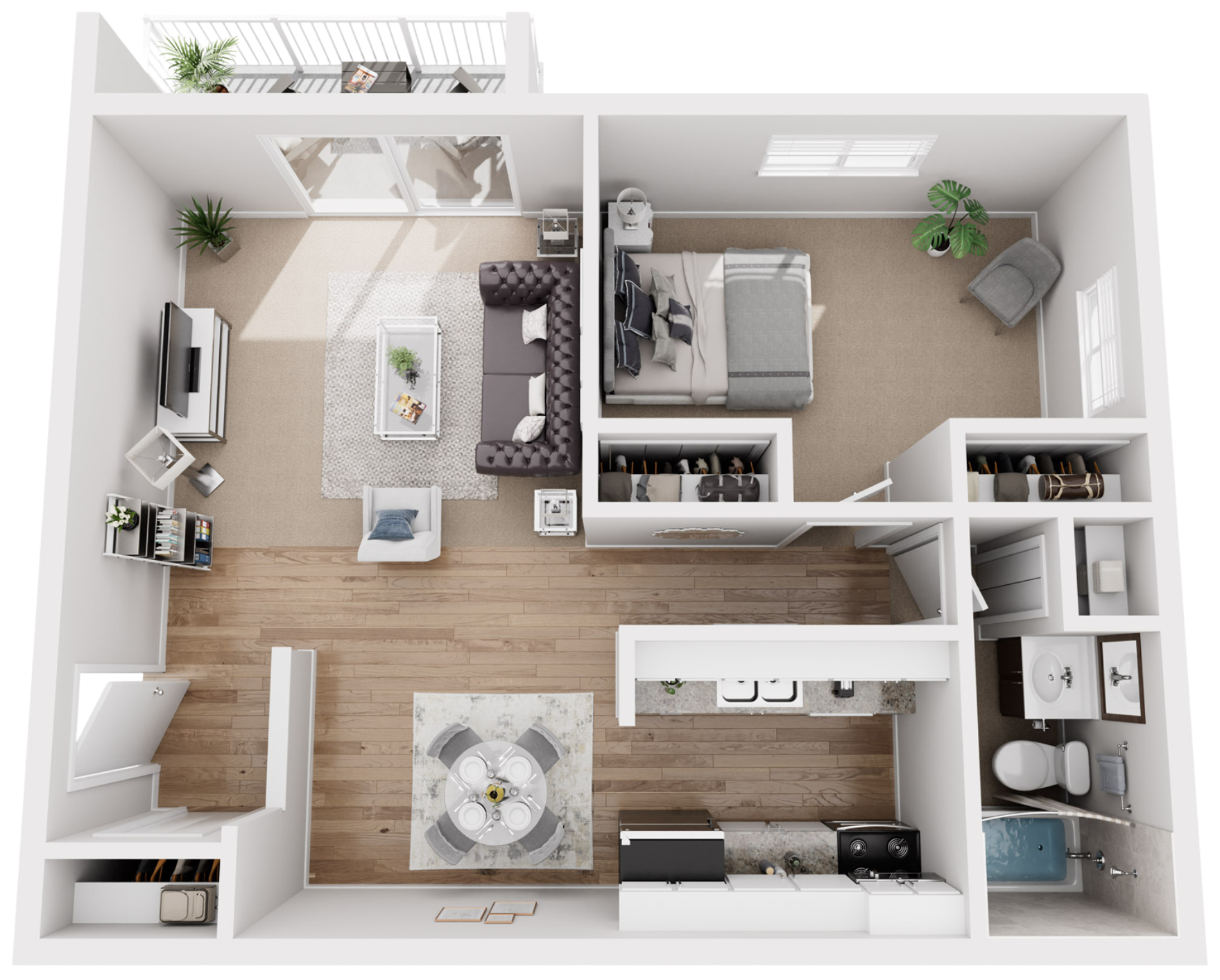 Top-down view of a one-bedroom apartment floor plan with a living room, bedroom, kitchen, dining area, bathroom, and balcony.