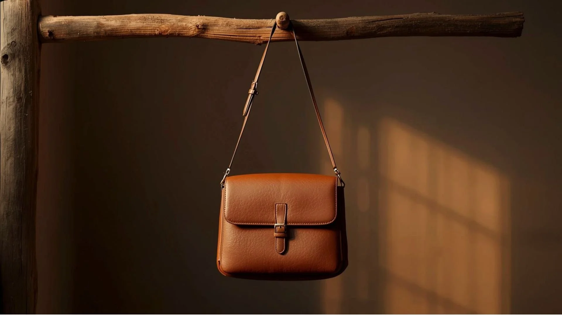 A brown leather handbag hanging from a wooden beam with shadows on a dark wall.