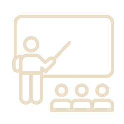Line drawing of a teacher pointing at a blackboard with three students sitting and listening.