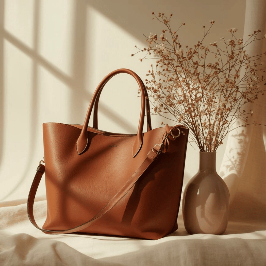 A brown leather handbag and a brown vase with dried flowers sit on a white cloth, illuminated by warm sunlight.