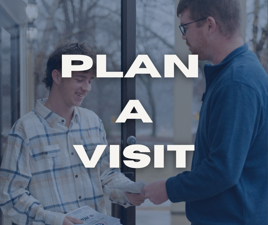 A young man and an older man a worship bulletin outside a church, with the text 'Plan a Visit' overlaid on the image.