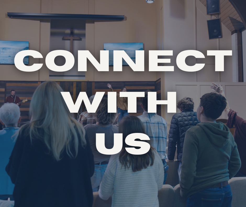 A congregation gathered in a church, with some raising their hands, during a service or event, with a large screen displaying a cross and the words "Connect with Us" overlaid.