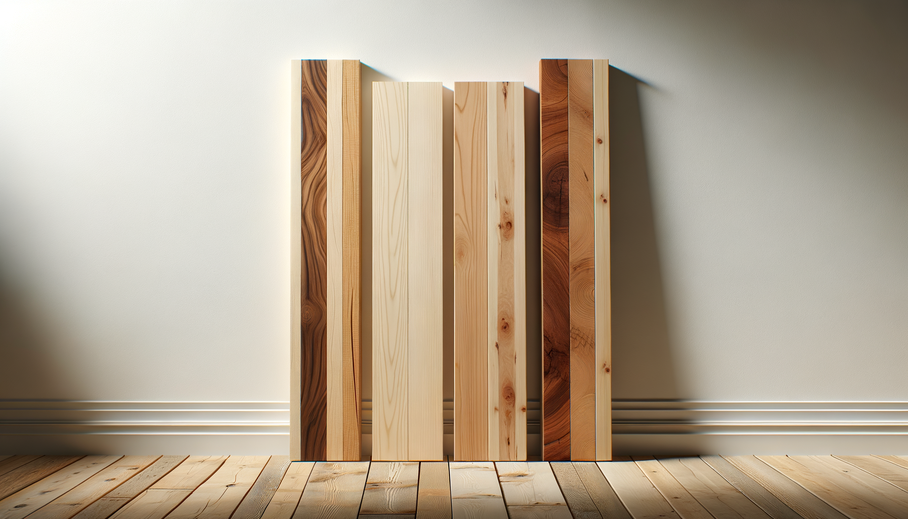 Six wooden planks of varying shades leaning against a beige wall with wood flooring, casting shadows.