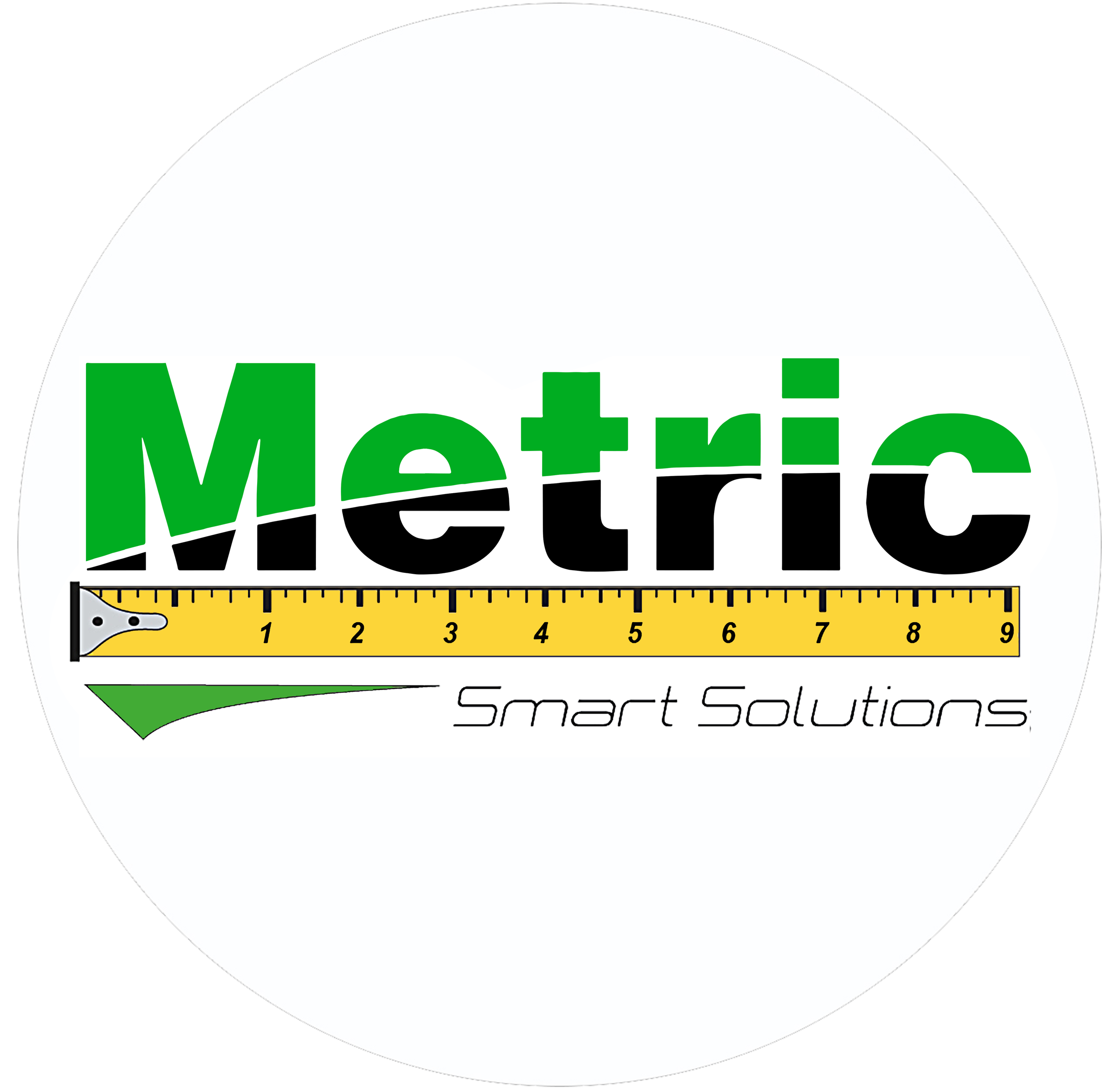 Logo for Metric Smart Solutions featuring green and black text, a yellow ruler, and a green curved arrow on a white background.