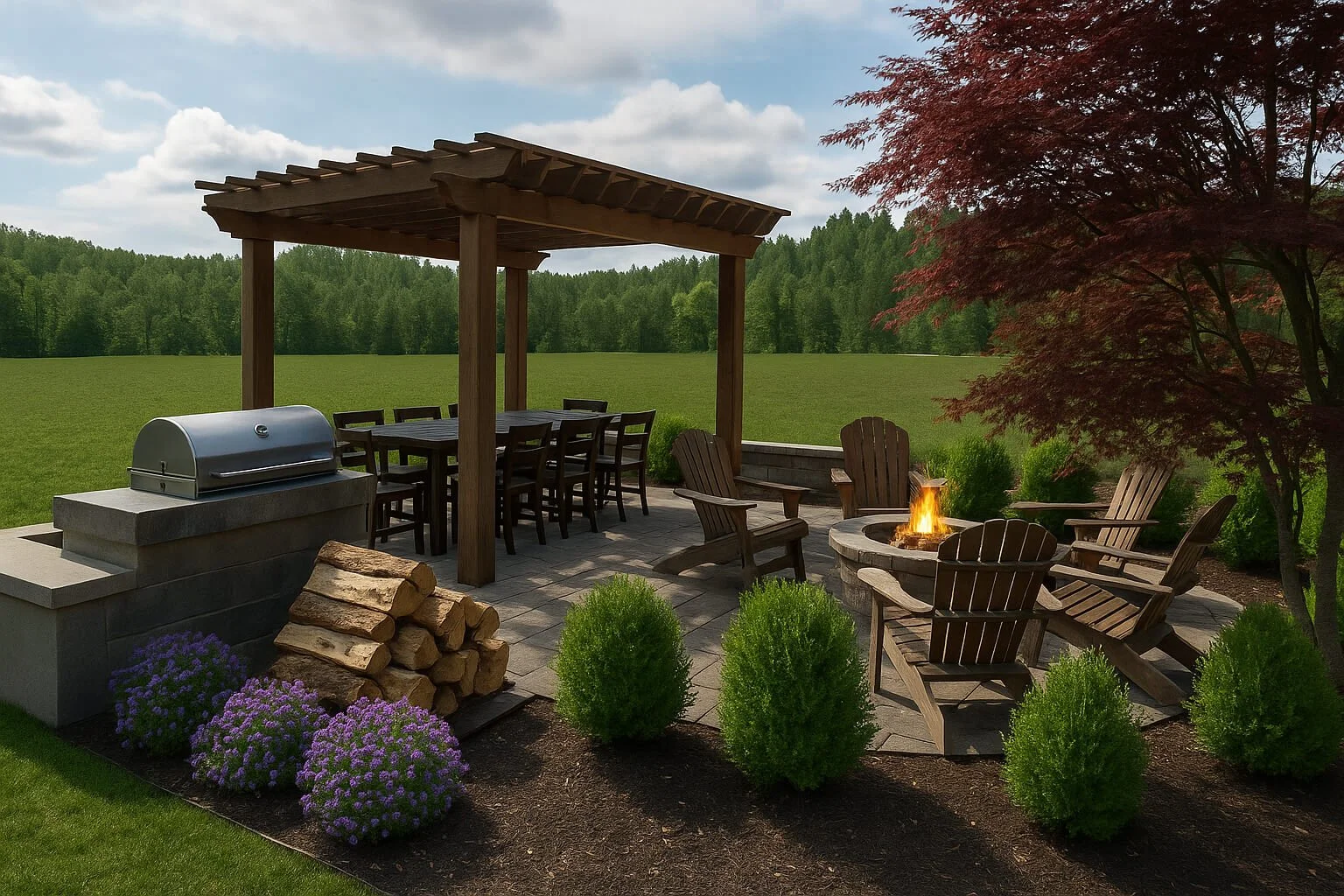 Outdoor patio with a fire pit surrounded by Adirondack chairs, a woodpile, a grill, a covered dining area, and lush greenery, with a red-leafed tree on the right and a field and trees in the background.