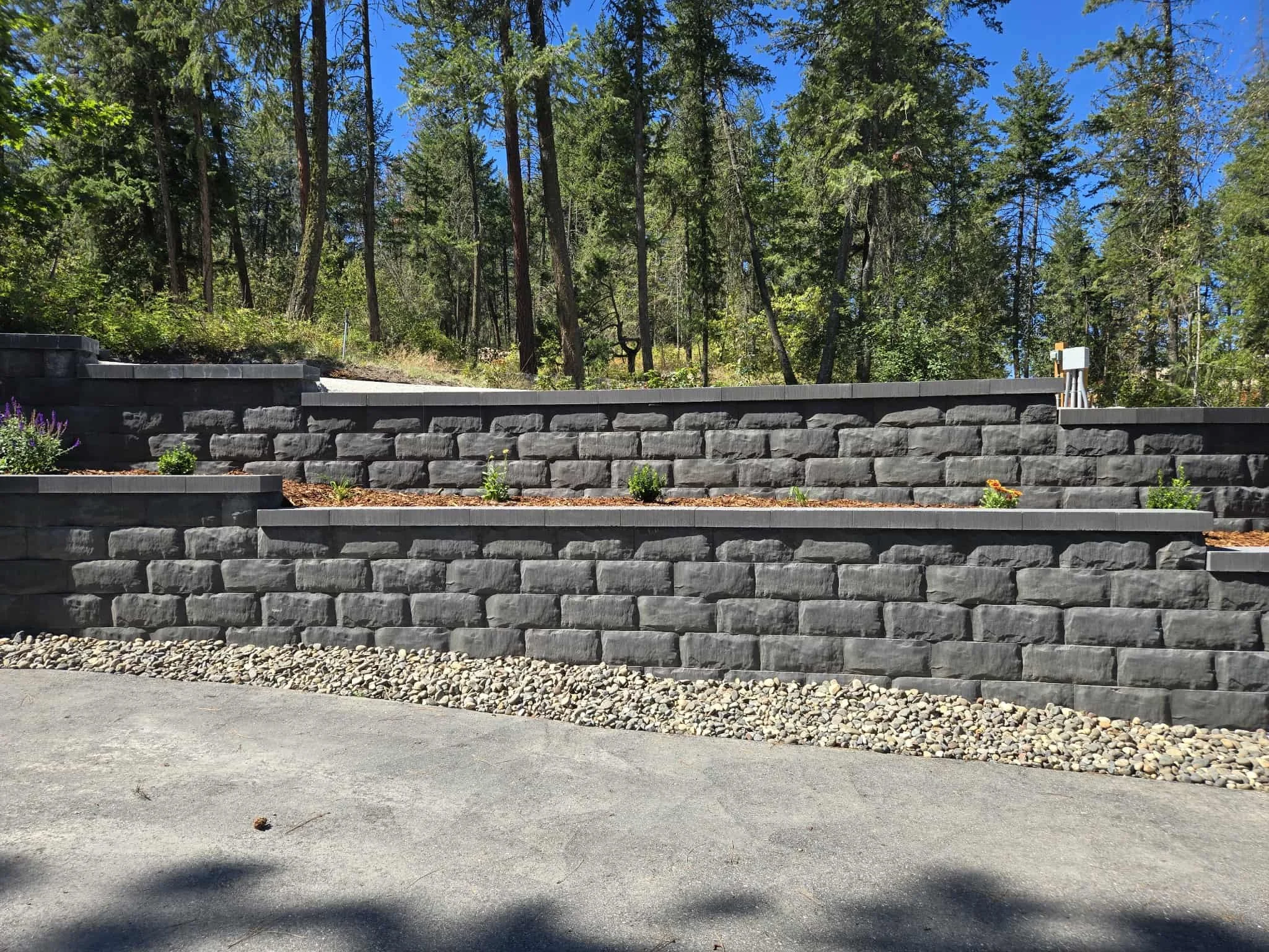 A landscaped outdoor area with tiered gray stone retaining walls, small plants, and a dirt path designed and built by Peacock Landscaping in Vernon.