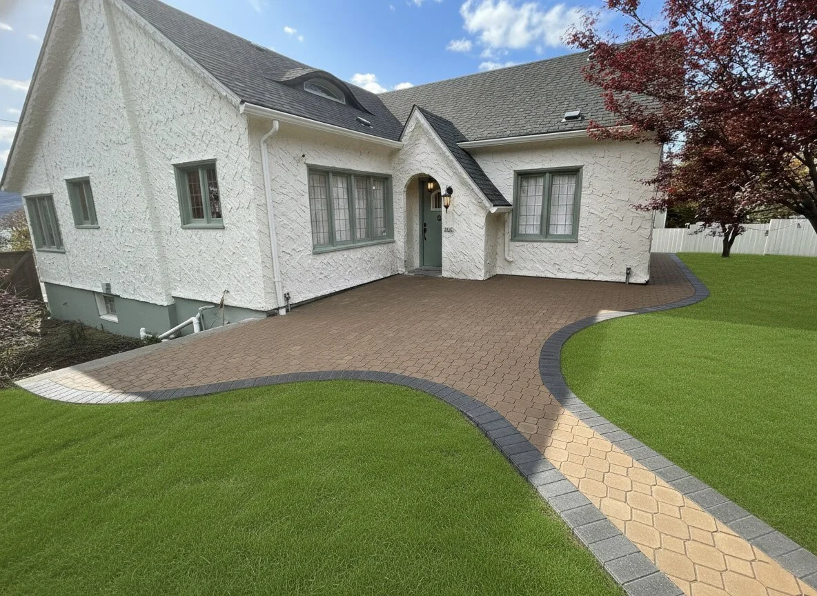 A white house with gray window frames and a gray front door, surrounded by a winding paved walkway with gray borders, green lawn, and a red tree to the right, under a partly cloudy sky.