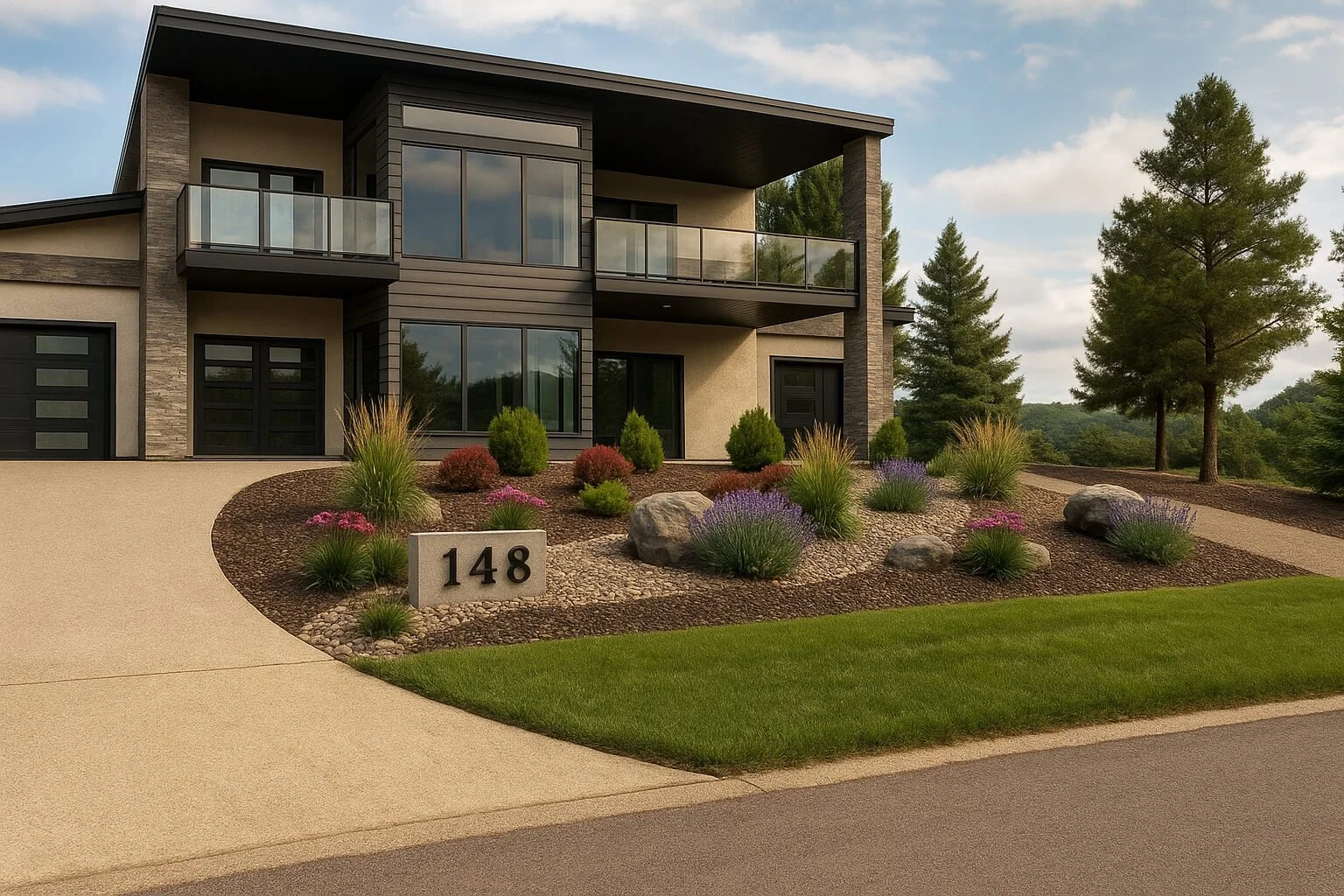 Modern two-story house with large windows, glass balcony railings, landscaped garden with rocks, bushes, flowers, a concrete driveway, and the number 148 on a sign.