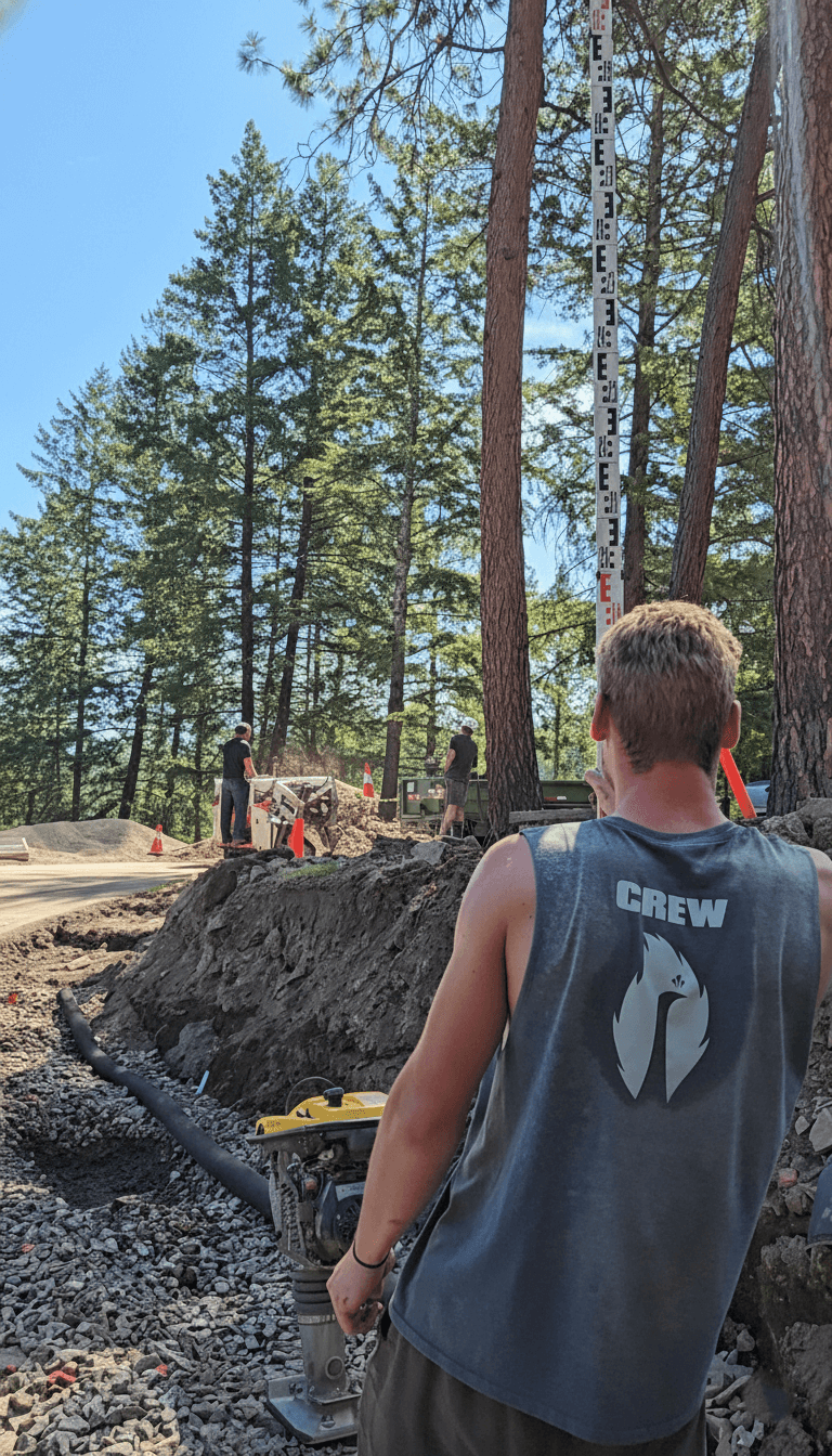 A young man wearing a sleeveless shirt with the word 'CREW' is working on a landscape project site in a forested area near Vernon, BC.