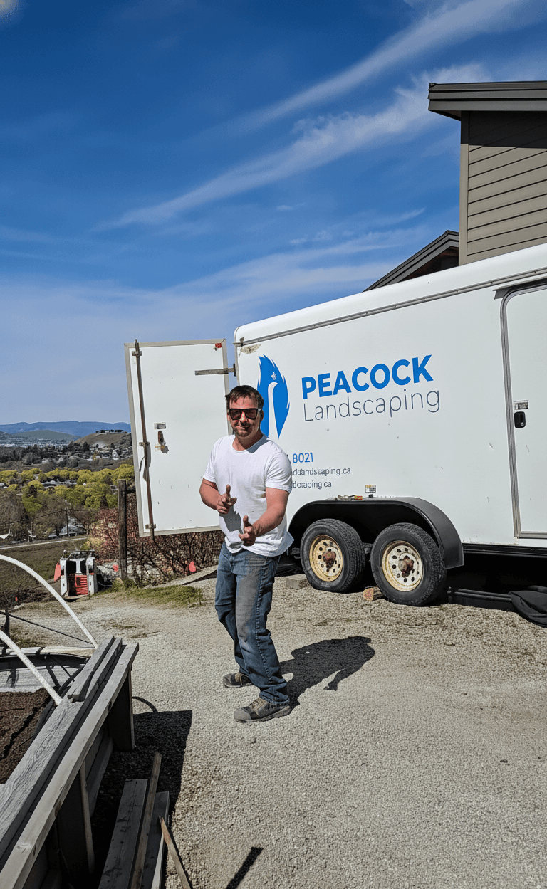 A man in sunglasses and a white t-shirt standing outdoors on a sunny day, next to a white landscaping trailer with the logo 'Peacock Landscaping'. Background includes a view of hills and a partly cloudy blue sky.