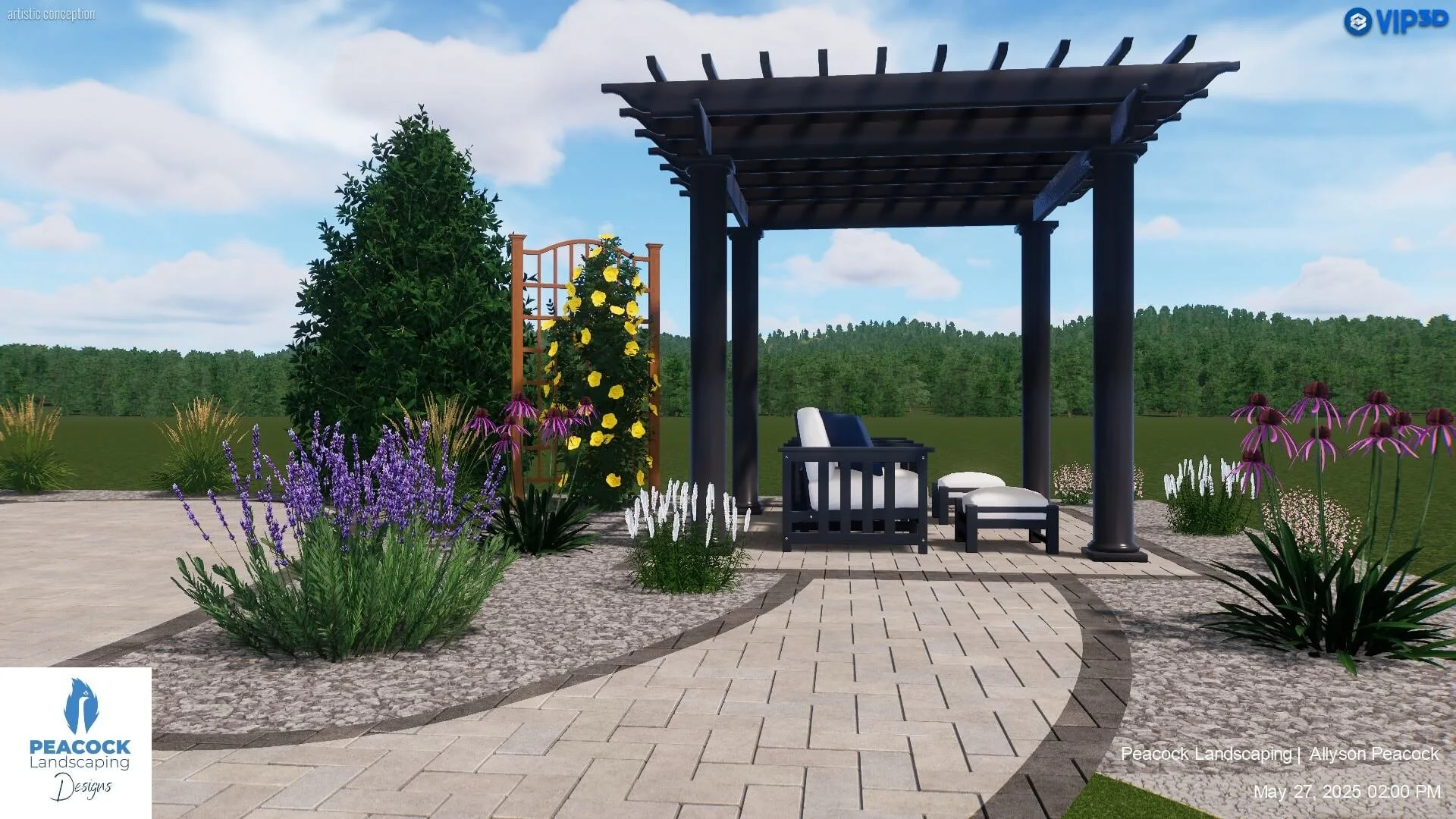 A 3D rendering of a landscape design featuring an outdoor patio area with a black pergola, outdoor seating, surrounded by purple, yellow, and white flowering plants, designed by Peacock Landscaping for a property in Vernon, BC.