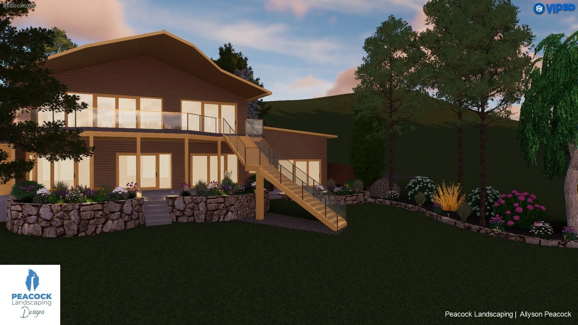 A modern two-story house with large glass doors and a balcony, surrounded by landscaped gardens with stone walls, trees, and colorful flowers, set against a backdrop of green hills and a bright sky.