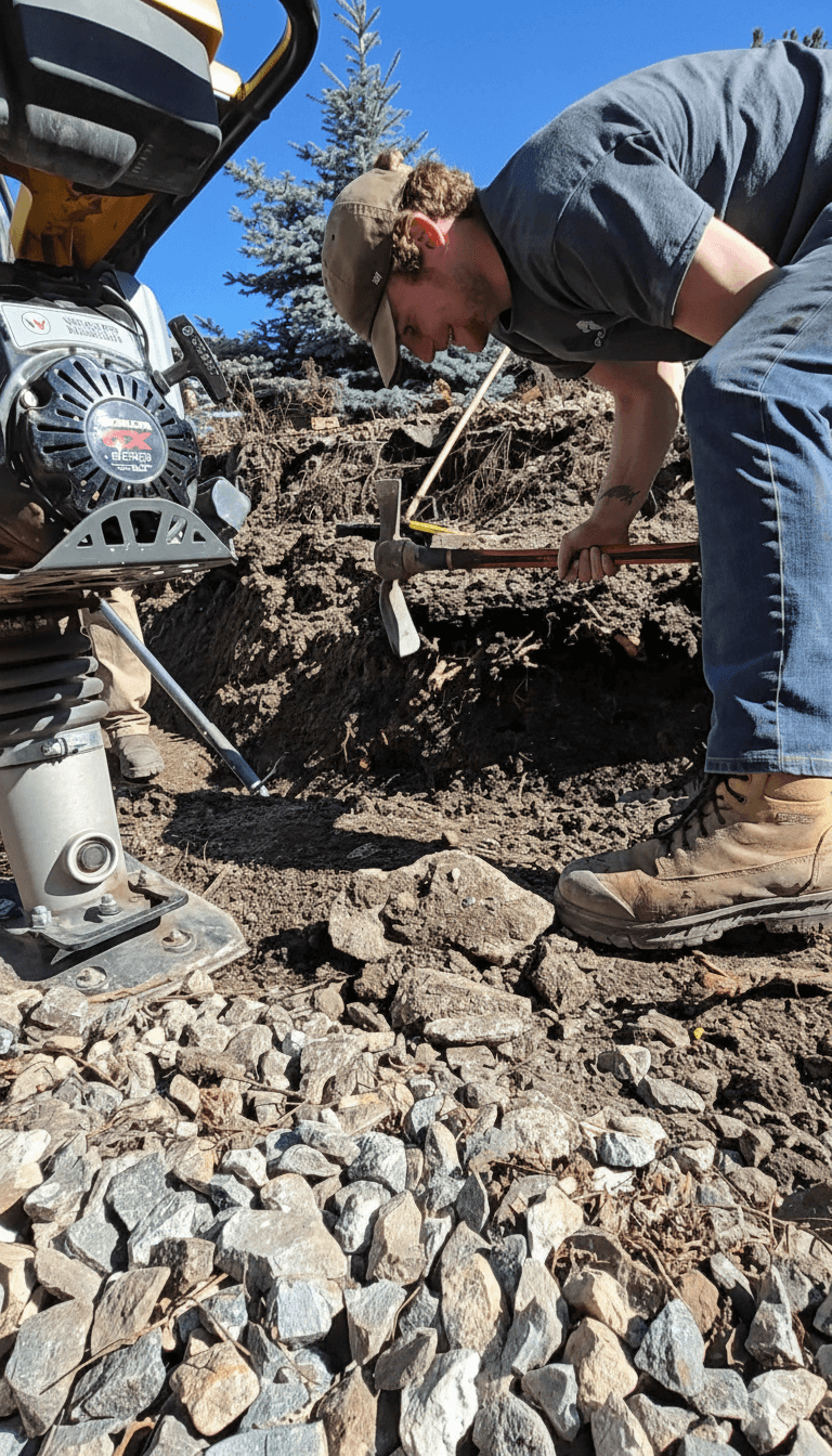 A Landscape Peacock crew member wearing a baseball cap and jeans working outdoors with a jackhammer on rocky soil, with a small tree and blue sky in the background.