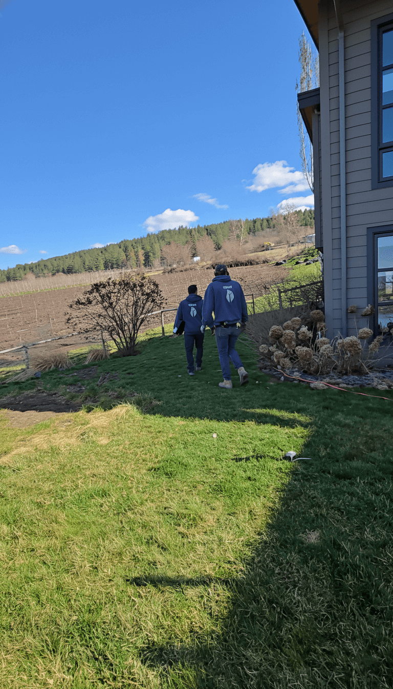 Two individuals walking on a grassy yard towards a farmland with hills and trees in the background, beside a house with gray siding and multiple windows.