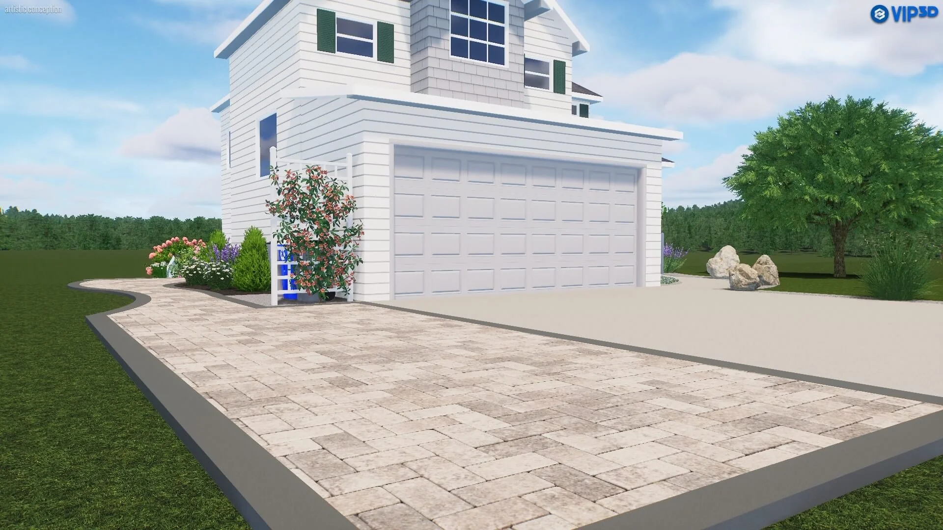 A digital rendering of a modern two-story house with a white exterior, green shutters, and a closed white garage door. The landscape design features synthetic grass and a large stone patio and driveway.