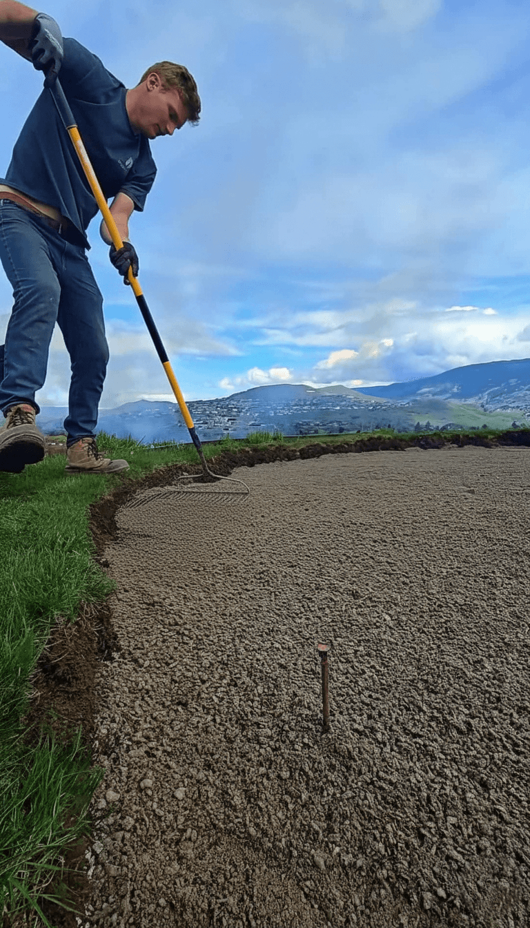 Person using a rake or similar tool to smooth dirt or sand on a landscaped surface outdoors with mountains and blue sky in the background.