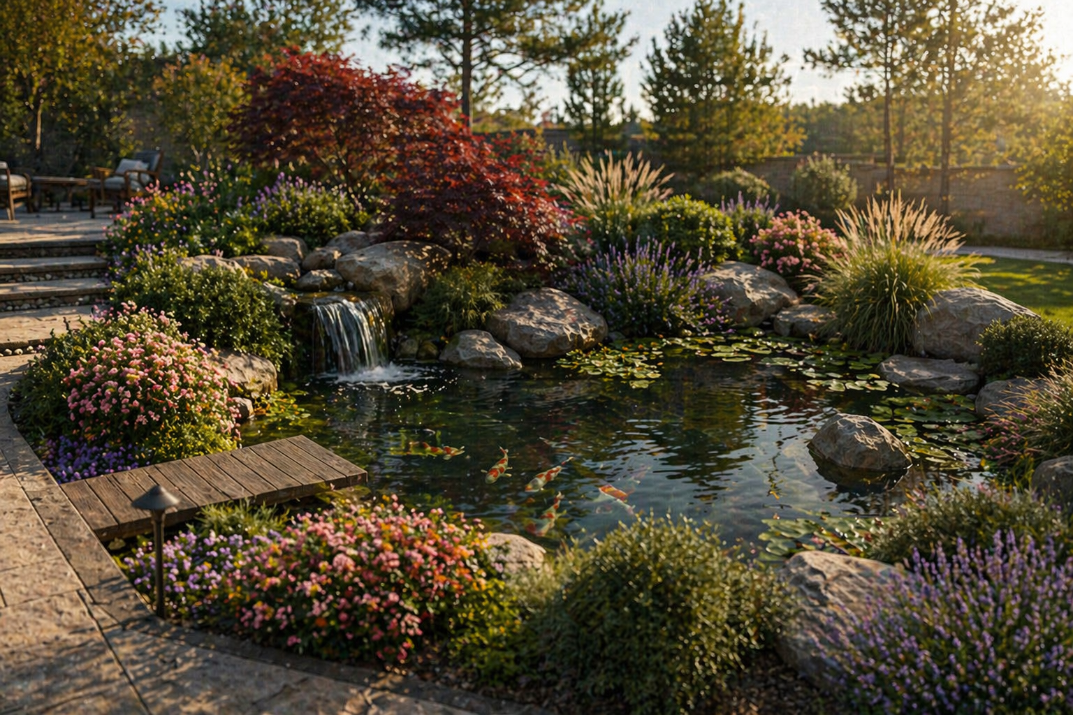 Beautiful landscaped garden with a pond, koi fish, waterfall, rocks, colorful flowers, and trees in the background, during late afternoon sunlight.