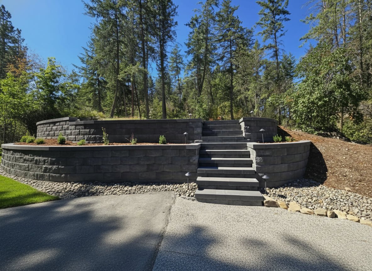 Raised garden bed with a stone retaining wall and stairs, surrounded by trees and a gravel path in Vernon.
