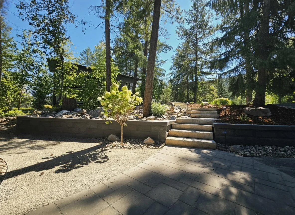 A landscaped outdoor area with a paved pathway, steps leading up a small hill, a young tree, and various plants surrounded by trees and greenery.
