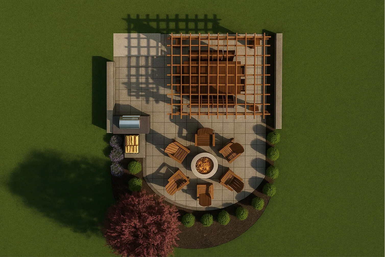 3D landscape design rendering of an outdoor dining area featuring a pergola and stone patio by Peacock Landscaping in Vernon.