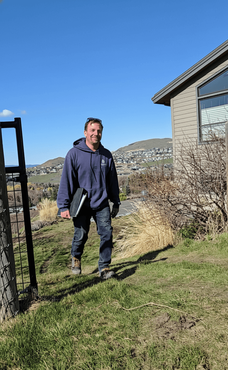 A man walking on a grassy yard outside a house, holding a laptop, with a background of hills and a partly cloudy sky.