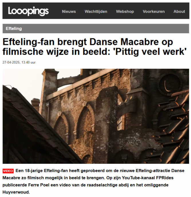 Screenshot of a news website article with a photo of an old brick building. The article's headline is in Dutch about an Efteling fan recreating the Danse Macabre scene.