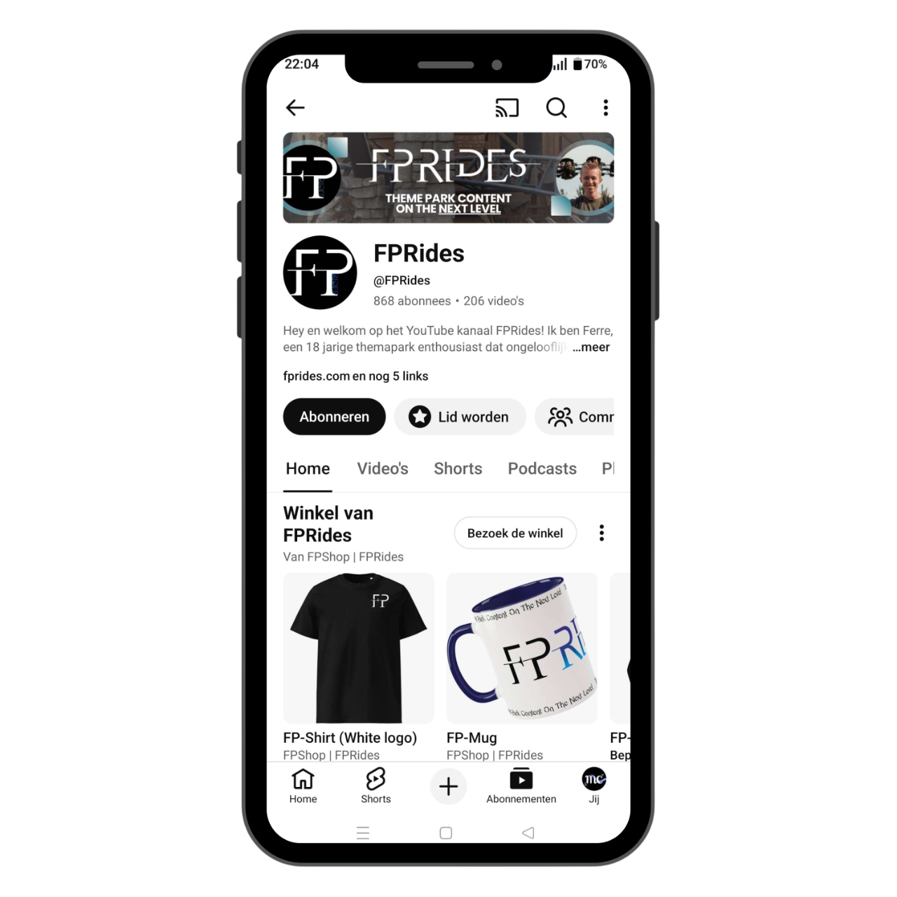 Screenshot of a mobile phone displaying a YouTube channel page for FP Rides, showing the profile picture, header banner, and various video and shop options, with a red background on the right side of the phone.
