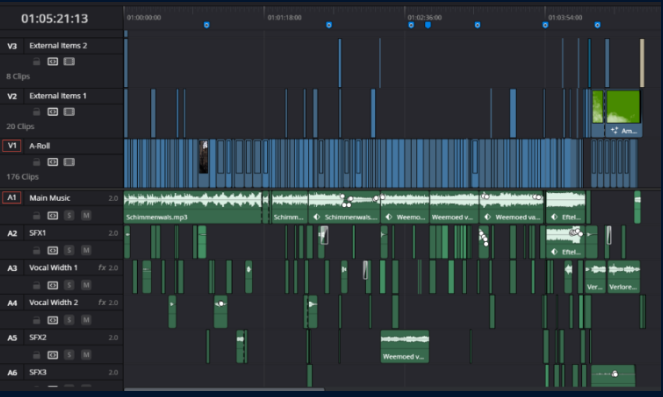 Screenshot of digital audio workstation with multiple tracks including music, vocal, and sound effects, showing a timeline and waveform data.