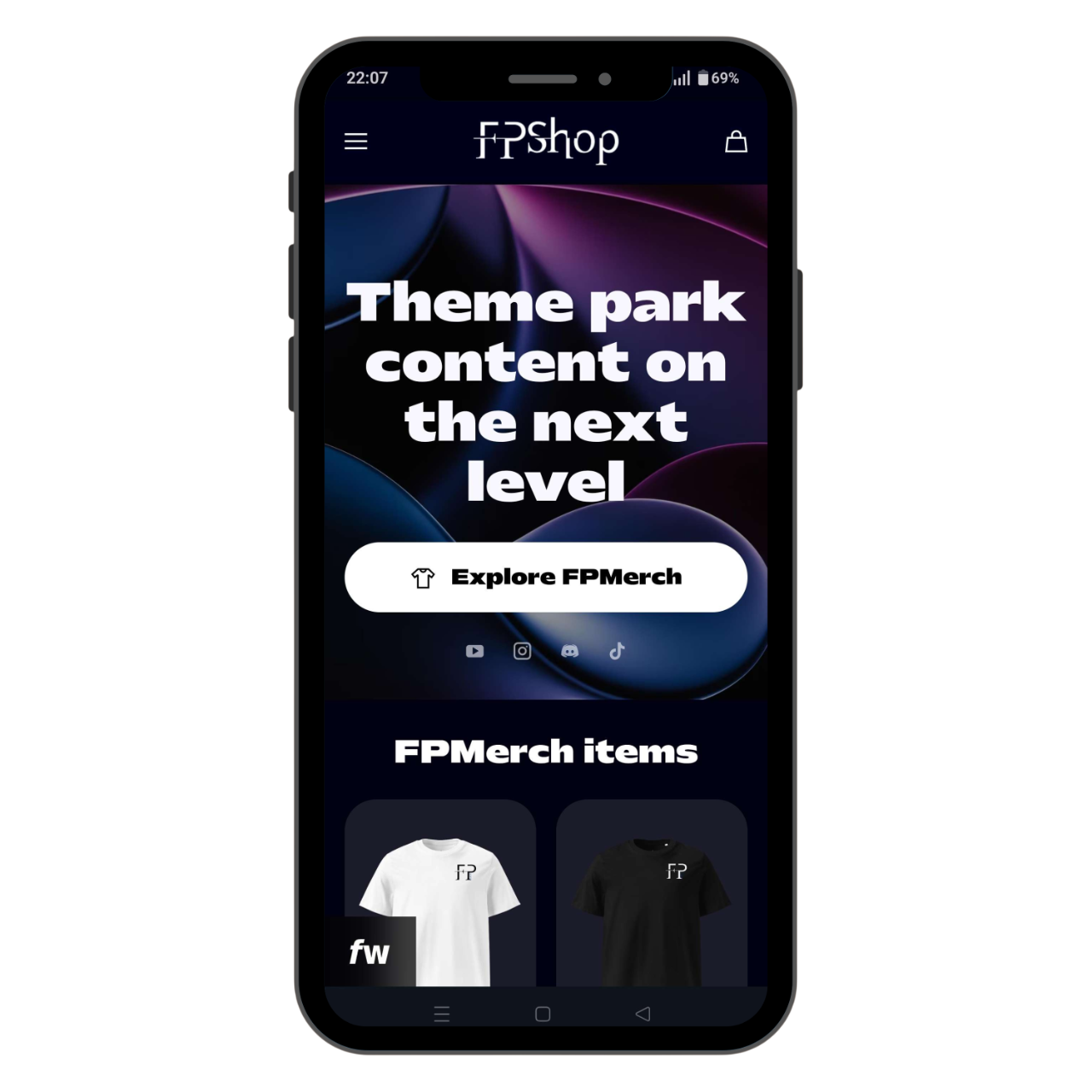 Smartphone displaying a fashion merchandise website with a dark background, large white text, a button labeled 'Explore FPMerch,' and two T-shirt images labeled 'fw'.